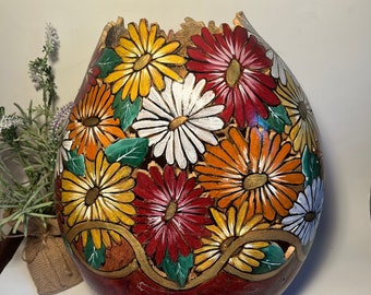 Vintage Gourd Vase, Hand Painted Flowers, Home Decor