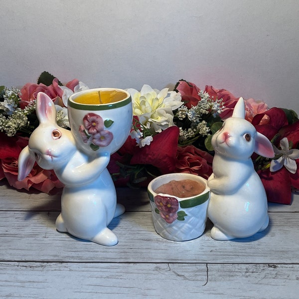 Bunny Luv Candleholder Figurines, 1980 Avon Ceramic Rabbit Votive Candle Holders, Vintage Home Decor Easter