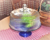 Covered Cake Stand, Cobalt Blue Base, Clear Ribbed Dome Lid, Anchor Hocking Monaco, Vintage Pedestal Serving Platter, Weddings or Everyday