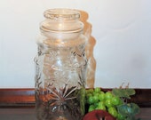 Glass Canister Jar With Flowers, 1980 Mr. Peanut, Peanut Man Embossed Bottom, Anchor Hocking Glass, Vintage Kitchen Storage Jar