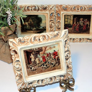 Set Of 3 Vintage Pictures, Antiqued Frames, Repurpose Frames, Ornate Design, Vintage Home Decor, Decoupaged Pictures