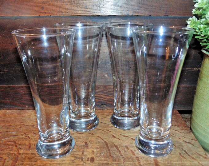 Vintage Pilsner Beer Glasses, Plain Clear Glass Barware, Set of Four