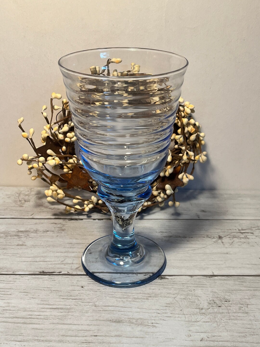 Libbey Blue Glass Goblet, Sirrus Pattern, Retro Ribbed Glass