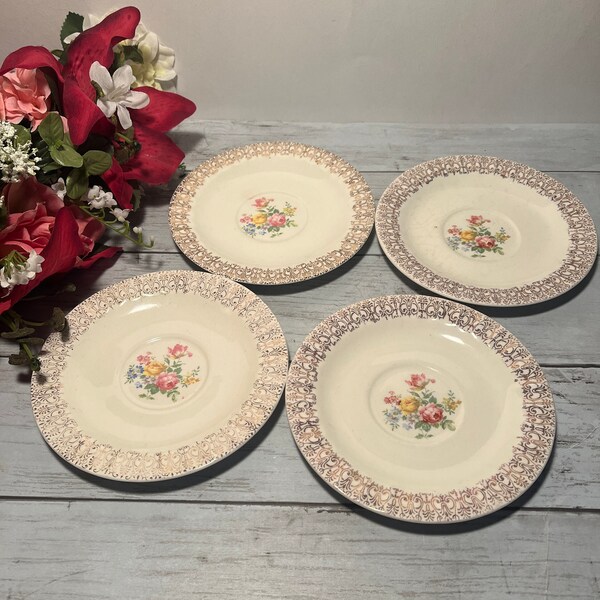 Set of 4 Saucer Plates with Gold Filigree Rim, Rose Bouquet Motif, Vintage Dinnerware