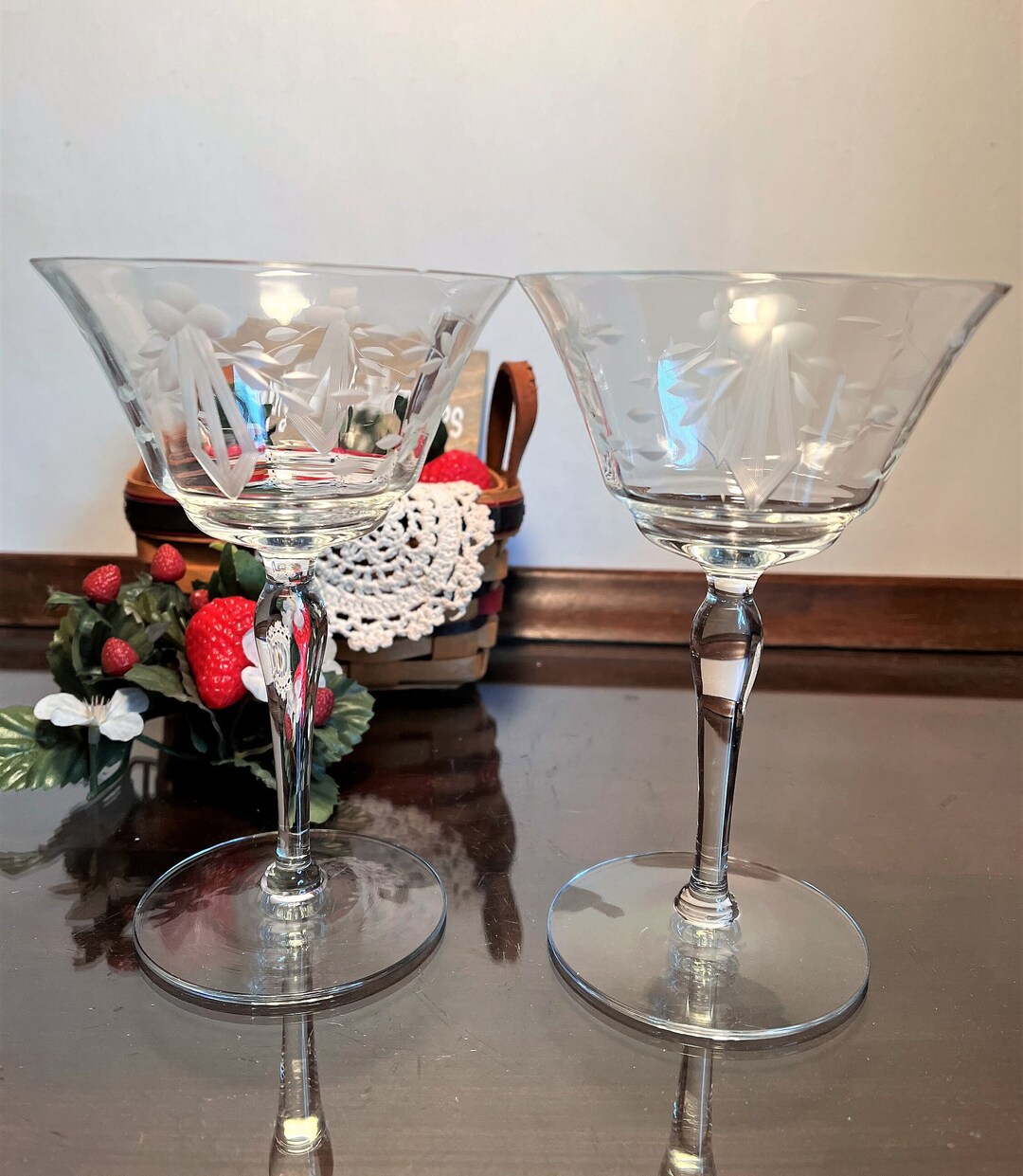 Tiffin Goblets, Vintage Stemware, Etched Flowers and Leaves, Crystal
