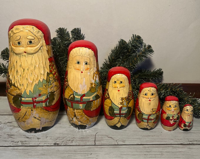 Santa Nesting Dolls, Set of 6 Handpainted Russian Dolls, Wooden St