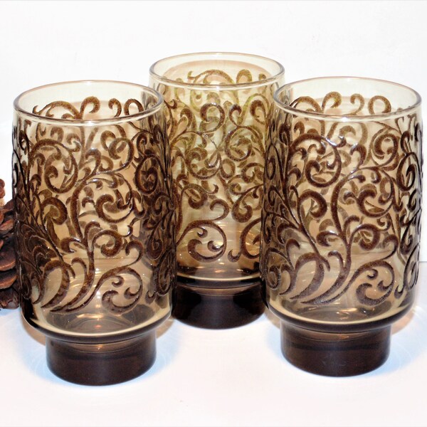 Vintage Libbey Prado Tumblers Set of 3 Kitchen Drinking Glasses Mid Century Glassware Embossed Scroll Pattern