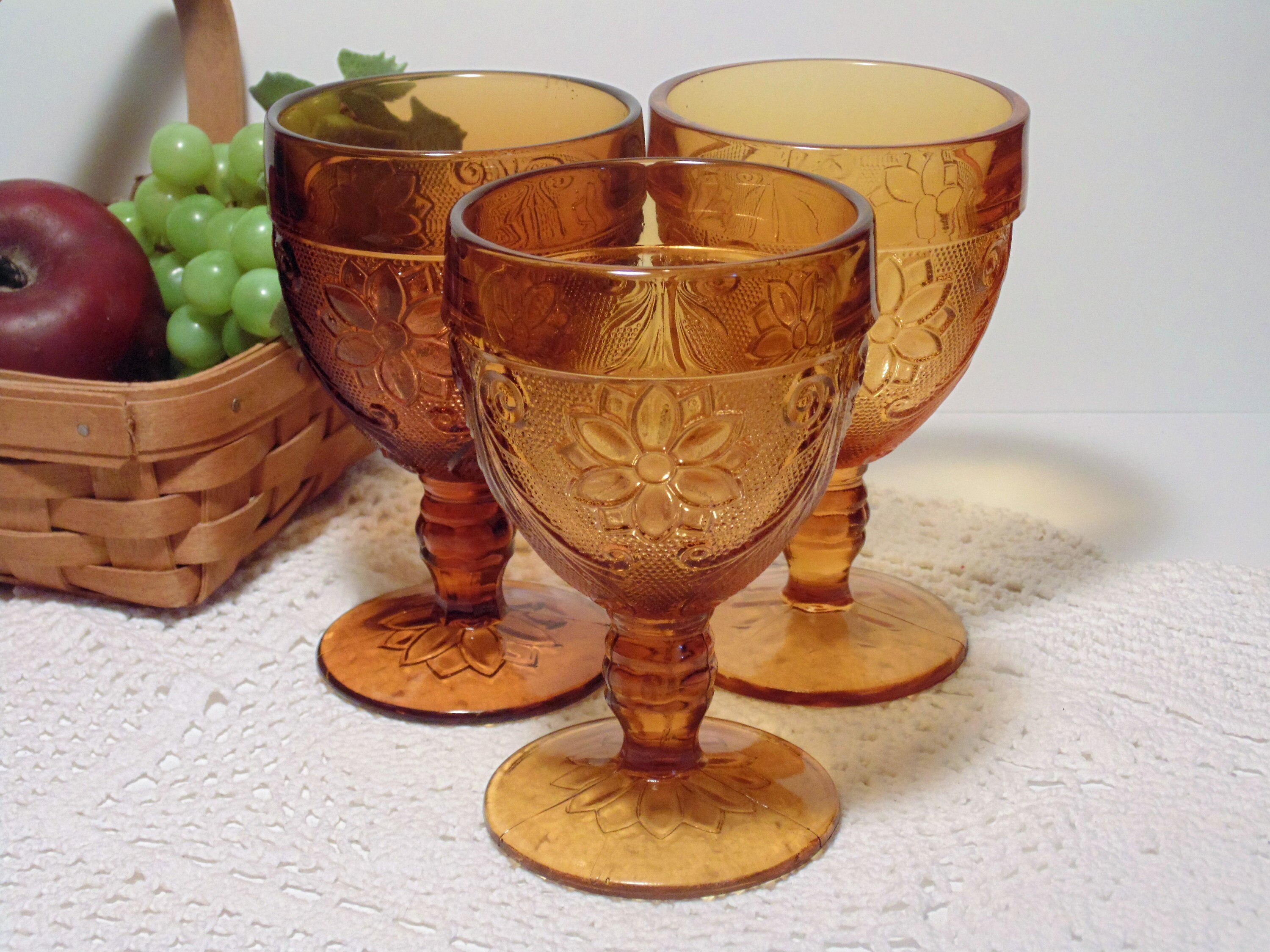 3 Vintage Amber TIARA Footed Water Goblets Sandwich Glass Etsy