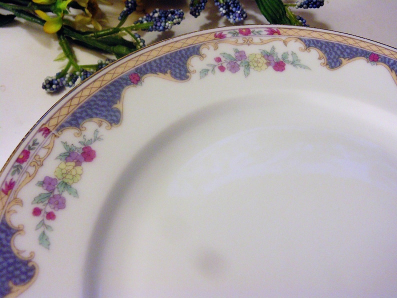 Set of 5 Dinnerware Replacements Royal Bayreuth Corona Pattern Made In Bavaria Blue Tan and Pink Border With Flowers Vintage Salad Plates