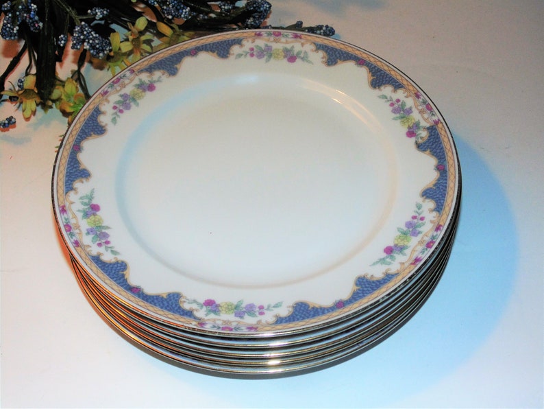 Set of 5 Dinnerware Replacements Royal Bayreuth Corona Pattern Made In Bavaria Blue Tan and Pink Border With Flowers Vintage Salad Plates