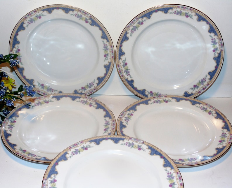 Set of 5 Dinnerware Replacements Royal Bayreuth Corona Pattern Made In Bavaria Blue Tan and Pink Border With Flowers Vintage Salad Plates