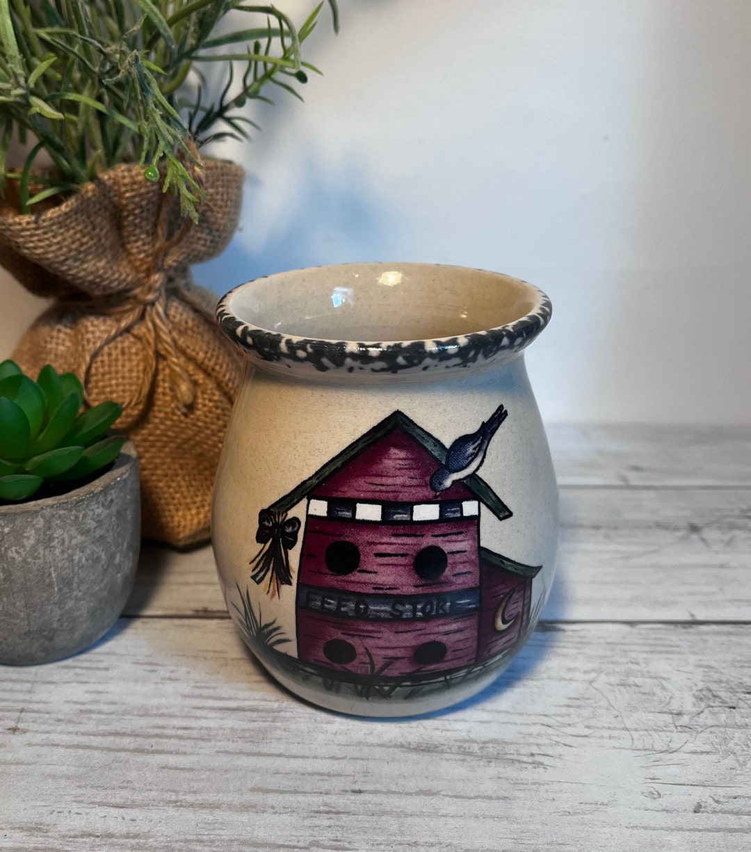 Home & Garden Party Candle Holder, Small Crock, Birdhouse Design, Green
