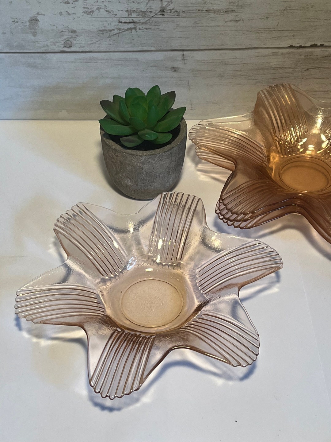 Pink Depression Glass Nut Dishes, Set of 4 Flower Petal Shaped Bowls