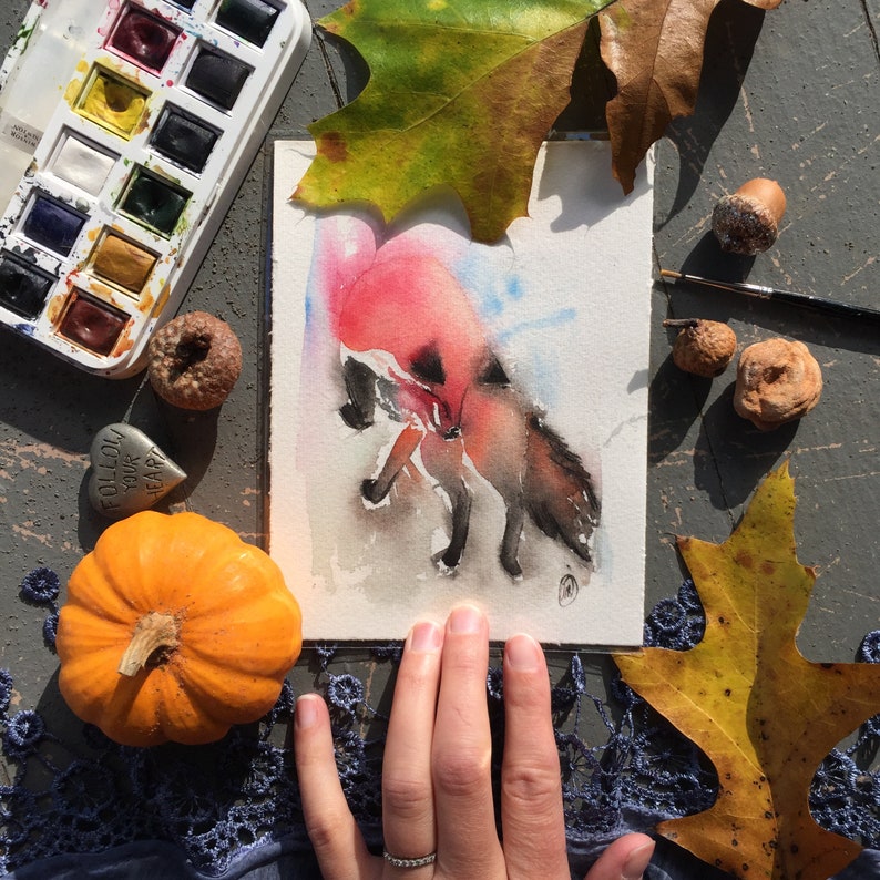 Original Watercolor Painting Jumping Fox