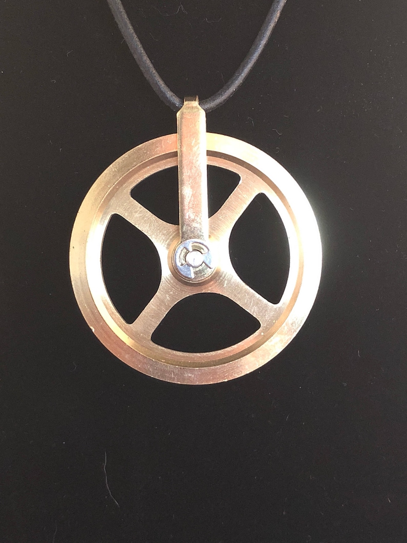 Grandfather Clock Gear Spinner Pendant Necklace Leather Cord Slide Closure Minimalist Modern Avant Garde Brass