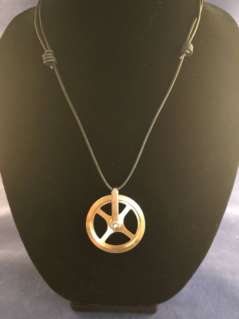 Grandfather Clock Gear Spinner Pendant Necklace Leather Cord Slide Closure Minimalist Modern Avant Garde Brass