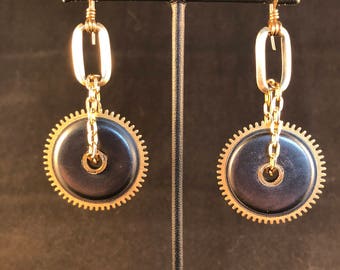 Clock Gear Earrings - Gear Earrings - Brass Ear Wires - Russian Alarm Clock Gears - Steampunk - Circle Earrings - Black - Brass -