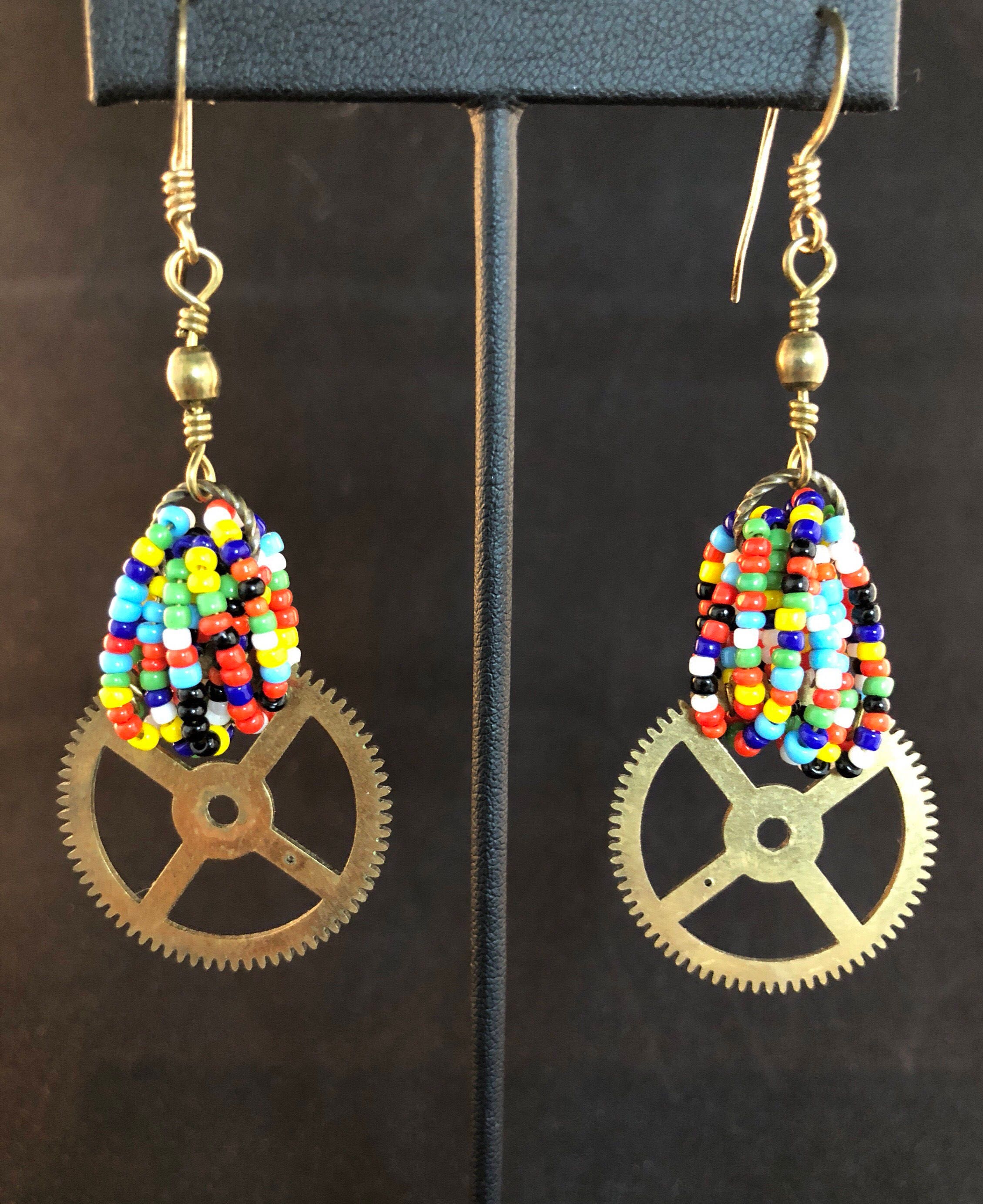 Beaded Clock Gear Earrings - Clock Gear Earrings - Gear Earrings - Bead Earrings - Boho - Technology - Gears - Handmade -