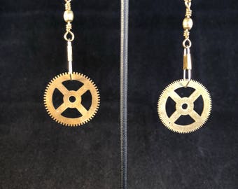 Clock Gear Earrings - Gear Earrings - Ottone - Steampunk - Circle Earrings - Dangle Earrings