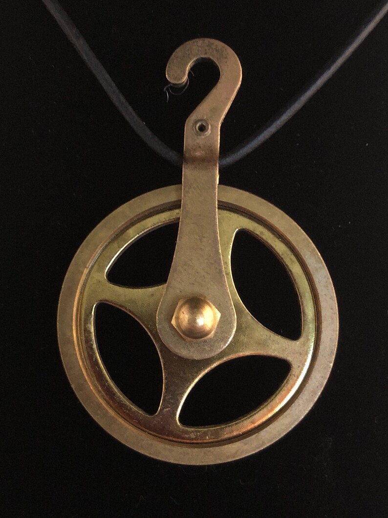 Grandfather Clock Gear Spinner Necklace Leather Cord Slide Clasps Minimalist Modern Avant Garde Brass