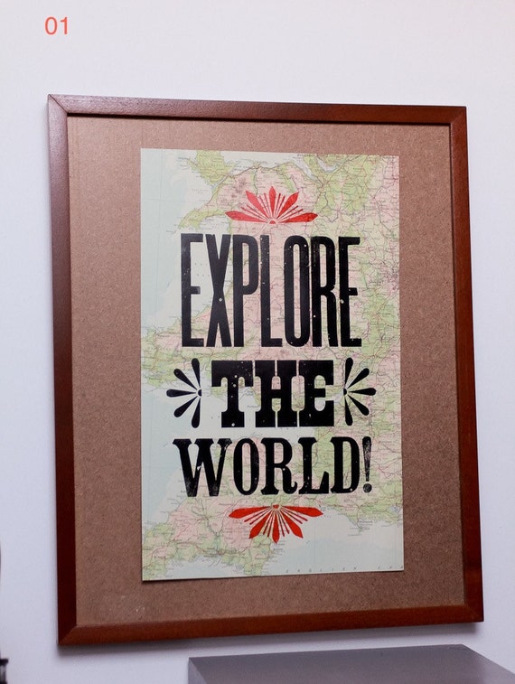 Items similar to Letterpress poster Explore the world on Etsy