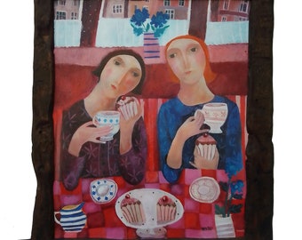 Tea Cups And Cup Cakes. Giclee print by Sharon Marie Winter. Free Postage in UK.