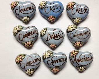 Pick One---Carlotta---Claudette---Cornelia----- Carla---Charmaine---Chantel---Anastasia-------Vintage Ceramic Heart Name Pin Brooch