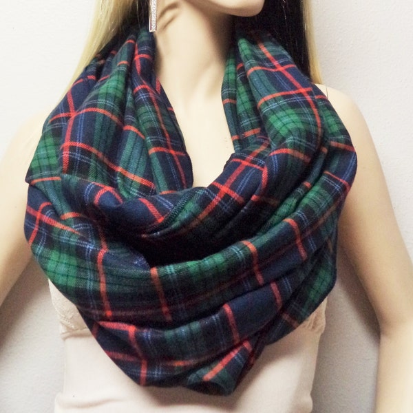 Plaid Cotton Flannel Infinity Scarf  Navy Red Green Soft , Comfy Long and Wide--Mens Women Gift Idea