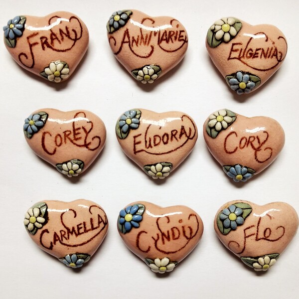 Pick One-----Carmella---Ann Marie------Cyndi---Cory--Corey-----Eugenia---Eudora-----------Vintage Ceramic Heart Name Pin Brooch