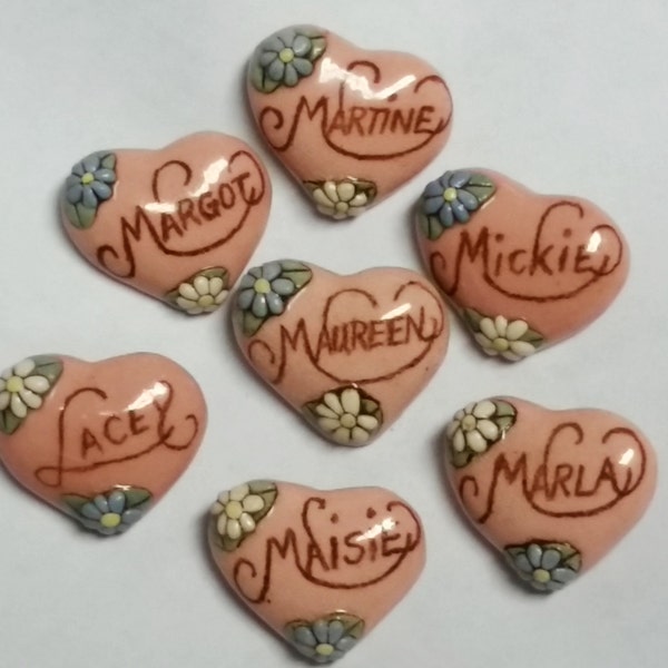 Pick One---------Mickie---Martine-----------Vintage Ceramic Heart Name Pin Brooch