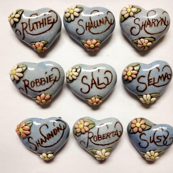 Pick One--------Sharyn---Susy---Roberta---Selma------Shauna---Robbie---Sal---------Vintage Ceramic Heart Name Pin Brooch