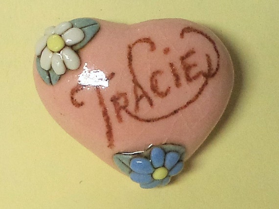 Tracie---Vintage Ceramic Heart Name Pin  Brooch J… - image 1