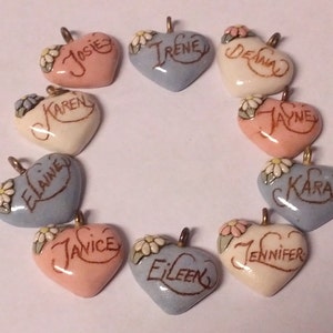 Pick One---Janice---Elaine---Jayne----Kara------Deanna----Vintage Ceramic Heart Name Pendant