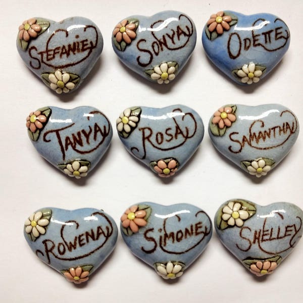 Pick One--------Rowena---Tanya---------Sonya---Rosa---Samantha---Odette-----Vintage Ceramic Heart Name Pin Brooch