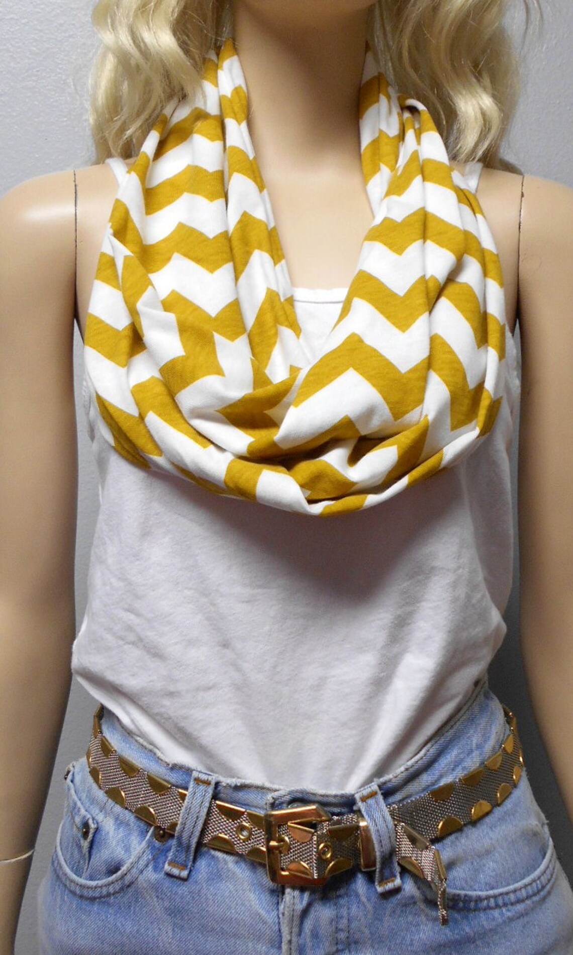 Mustard Yellow & White Chevron Print Infinity Scarf Jersey Knit Gift ...