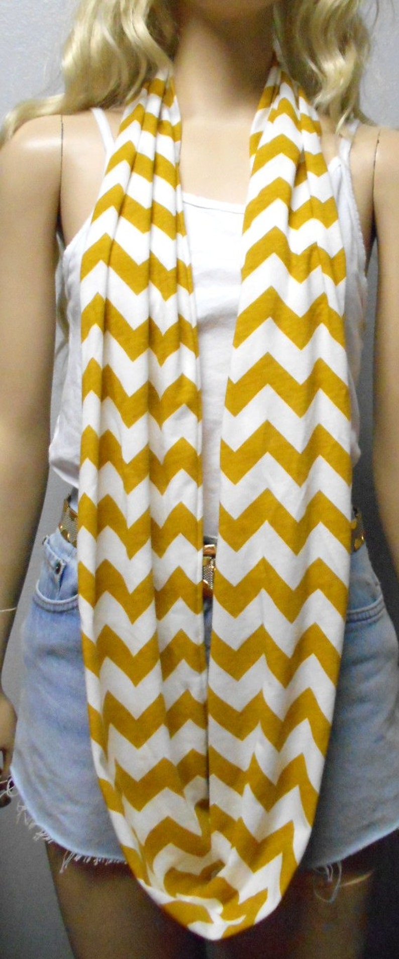 Mustard Yellow & White Chevron Print Infinity Scarf Jersey Knit Gift ...