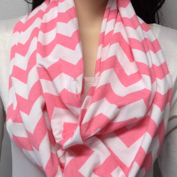 Pink  & White Chevron Print  Infinity Scarf  Jersey Knit