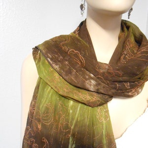 Fabulous Fall Colors Long Neck Scarf  Embroidered Tie Dye With Metallic Pinstripes