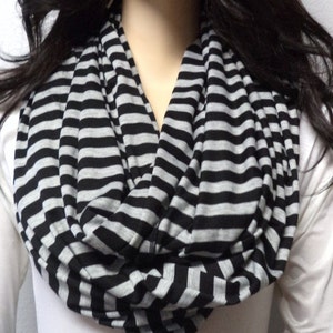 Black  & Gray Stripes  Infinity Scarf Super Soft Knit