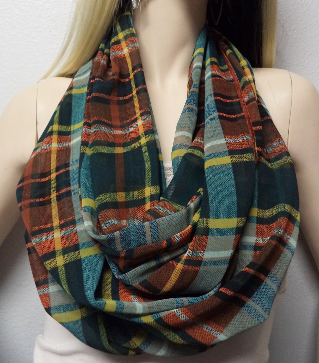 Plaid Infinty Scarf Forest Green Mustard Rust Light Weight - Etsy