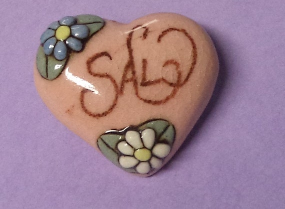Sal----Vintage Ceramic Heart Name Pin  Brooch Jew… - image 1