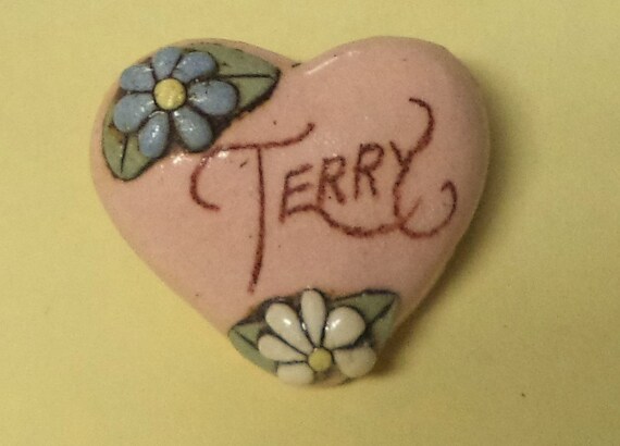 Terry---Vintage Ceramic Heart Name Pin  Brooch Je… - image 1