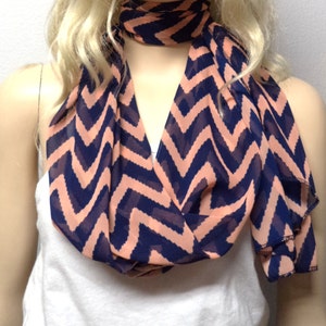 Navy Blue & Peachy Salmon  CHEVRON -  Long Scarf--Light and  Comfy gift ideas