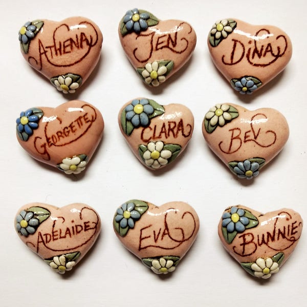 Pick One-------Jen----Bev------Georgette---Bunnie---Dina---Adelaide--------------Vintage Ceramic Heart Name Pin Brooch