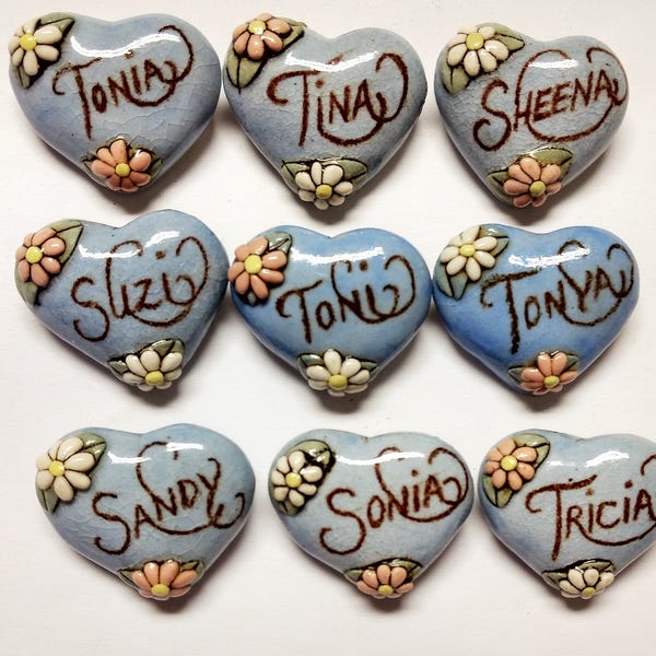 Pick One---Sonia------Tonia---Suzi-----Toni---Sheena---Tina---Tonya-----Vintage Ceramic Heart Name Pin Brooch