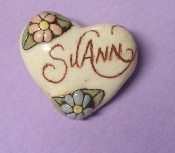 Suann----Vintage Ceramic Heart Name Pin  Brooch J… - image 1