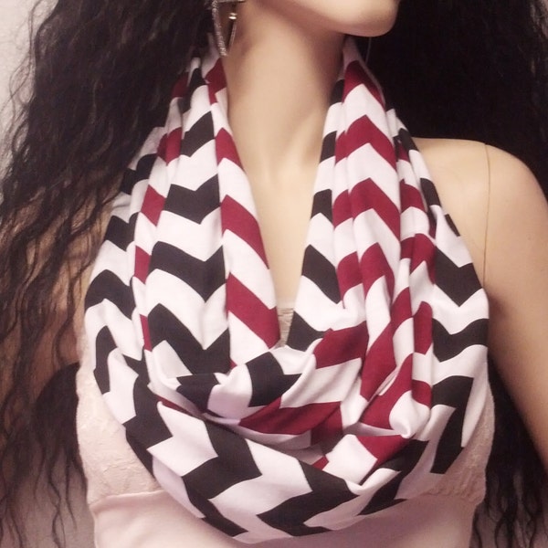 Maroon & Black Chevron Print  Infinity Scarf   Jersey Knit
