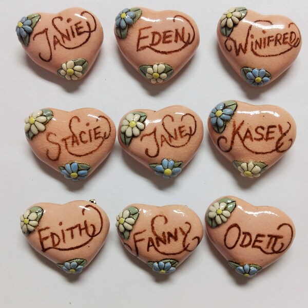 Pick One-----Stacie--------Winifred---Edith---Eden---Fanny---Odett--Kasey-----Vintage Ceramic Heart Name Pin Brooch