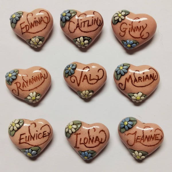 Pick One-----Caitlin---Marian---Ginny---Edwina---Val------Jeanne---Eunice--------Vintage Ceramic Heart Name Pin Brooch