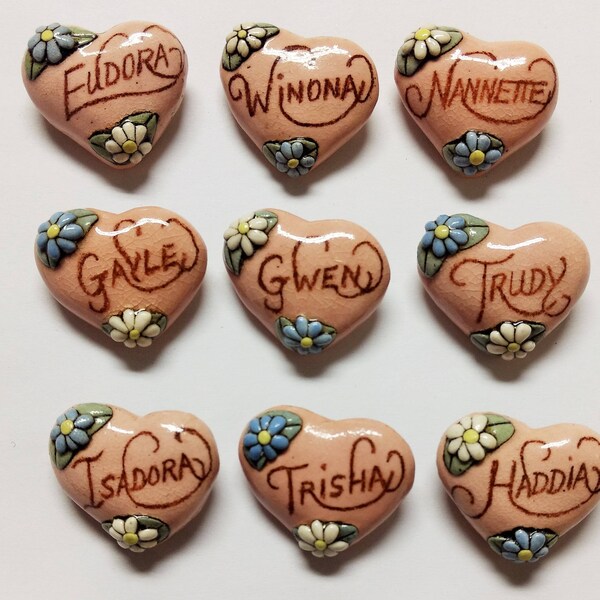 Pick One-----Trisha---------Trudy---Nannette-----Gwen---Haddia-----Vintage Ceramic Heart Name Pin Brooch